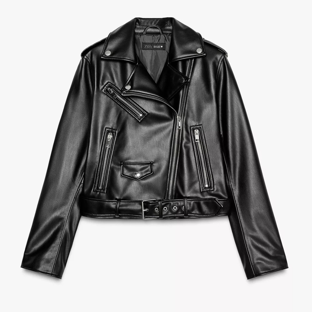 ZARA BLACK FAUX LEATHER MOTO BIKER JACKET BELTED ZIP COAT SIZE LARGE **NWOT** - Picture 13 of 13